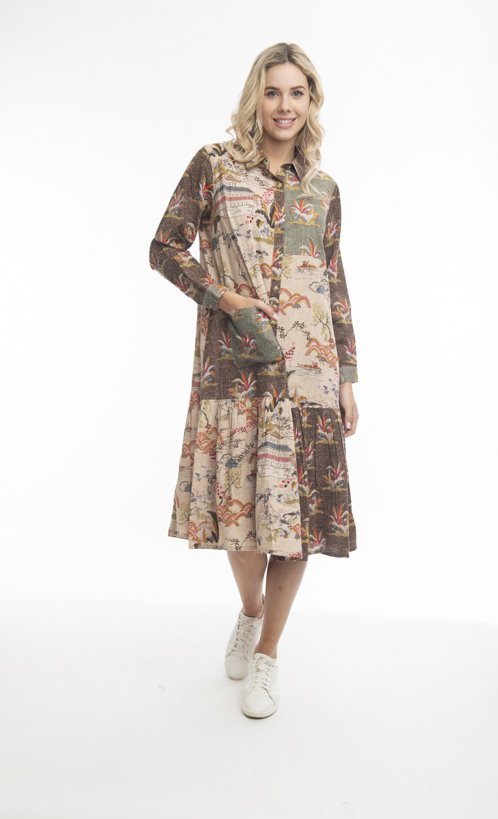 Mercado Sun Layered Patch Dress with collar and buttons by Orientique