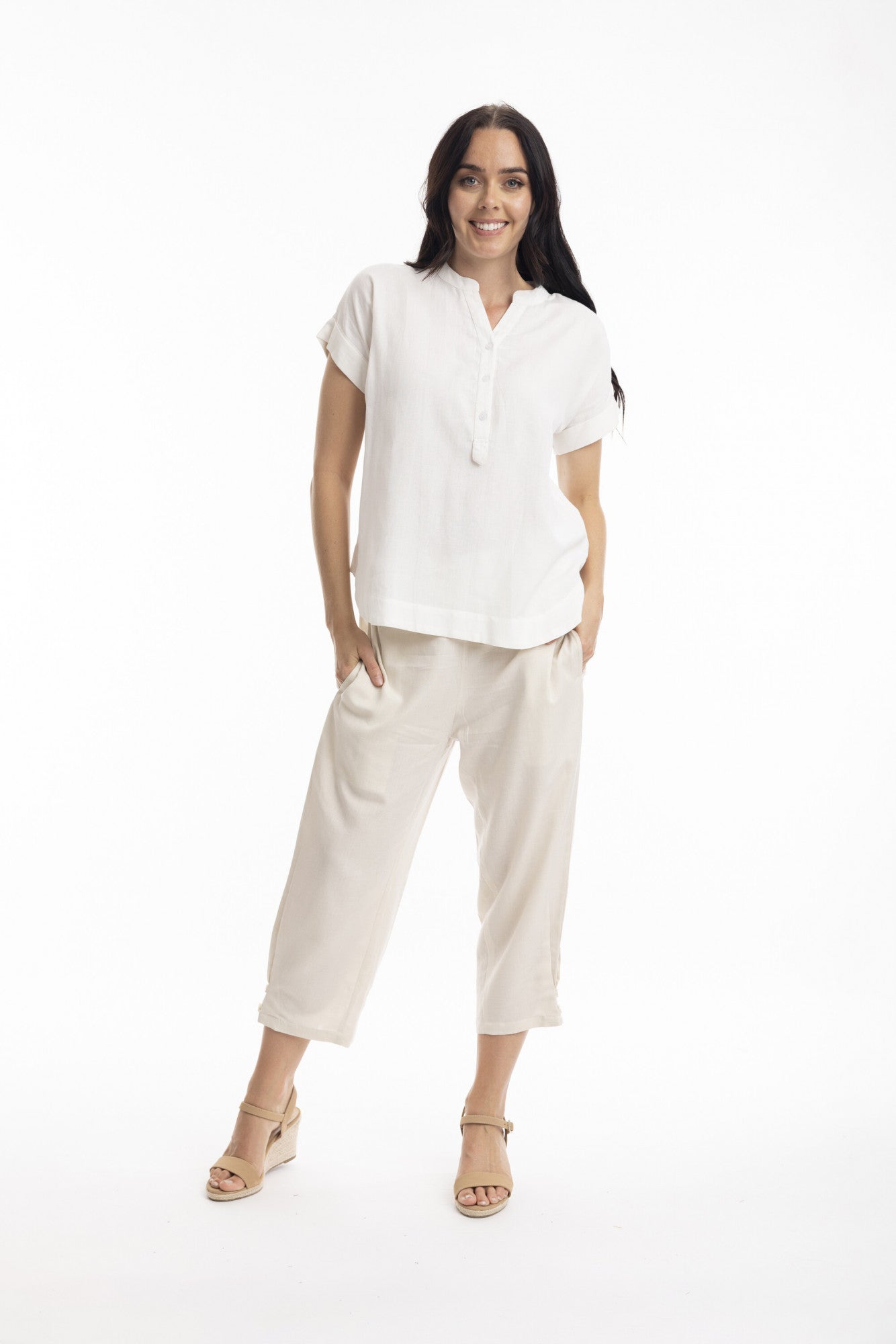 White Essential Linen Blend Mandarin Collar Top by Orientique