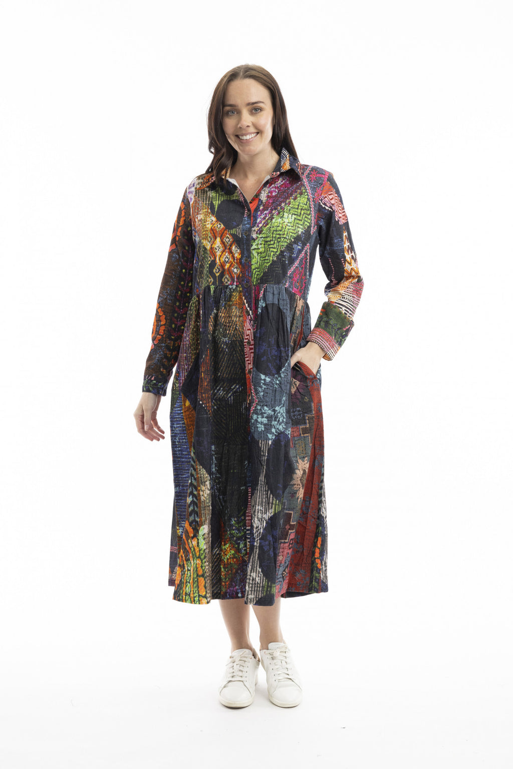 Mosaic Digital Print Collar Corduroy dress by Orientique