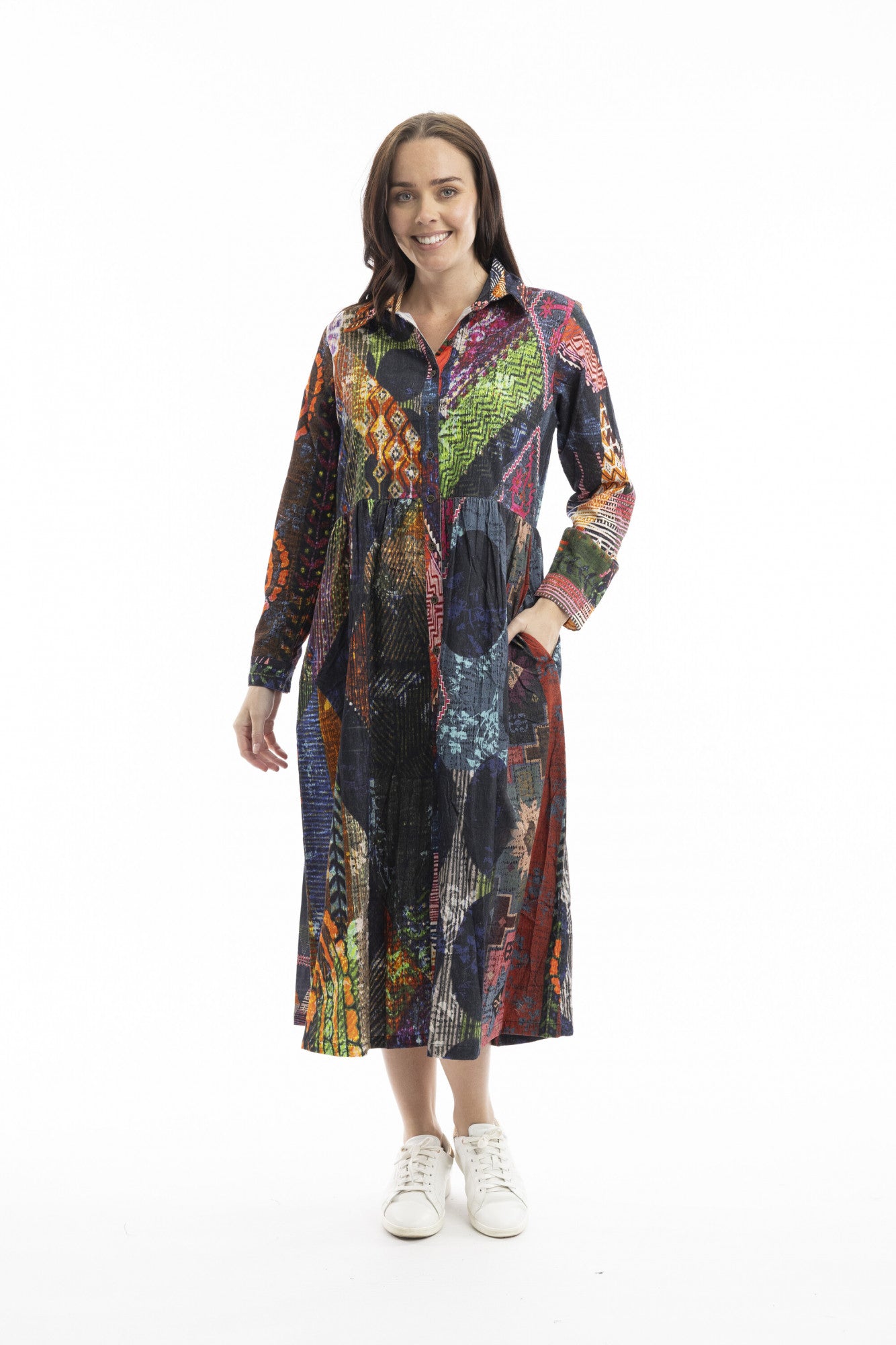 Mosaic Digital Print Collar Corduroy dress by Orientique