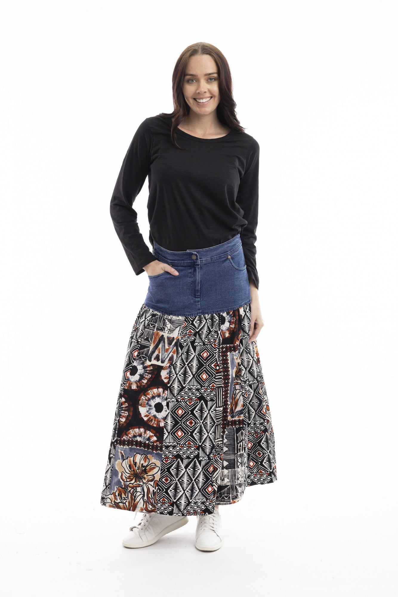 Makeba Denim & Cord Print Skirt by Orientique
